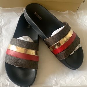 Brandy Metallic striped logo slide sandal